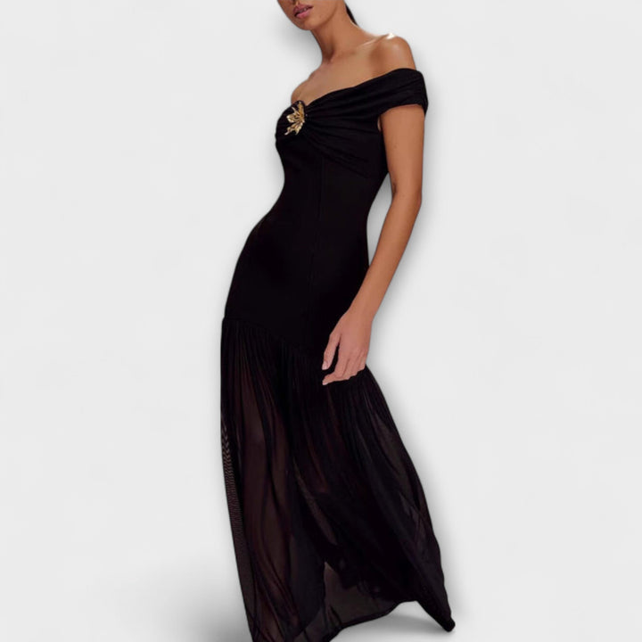 Maelie - Elegantní maxi bodycon šaty bez ramínek s květinovými ozdobami