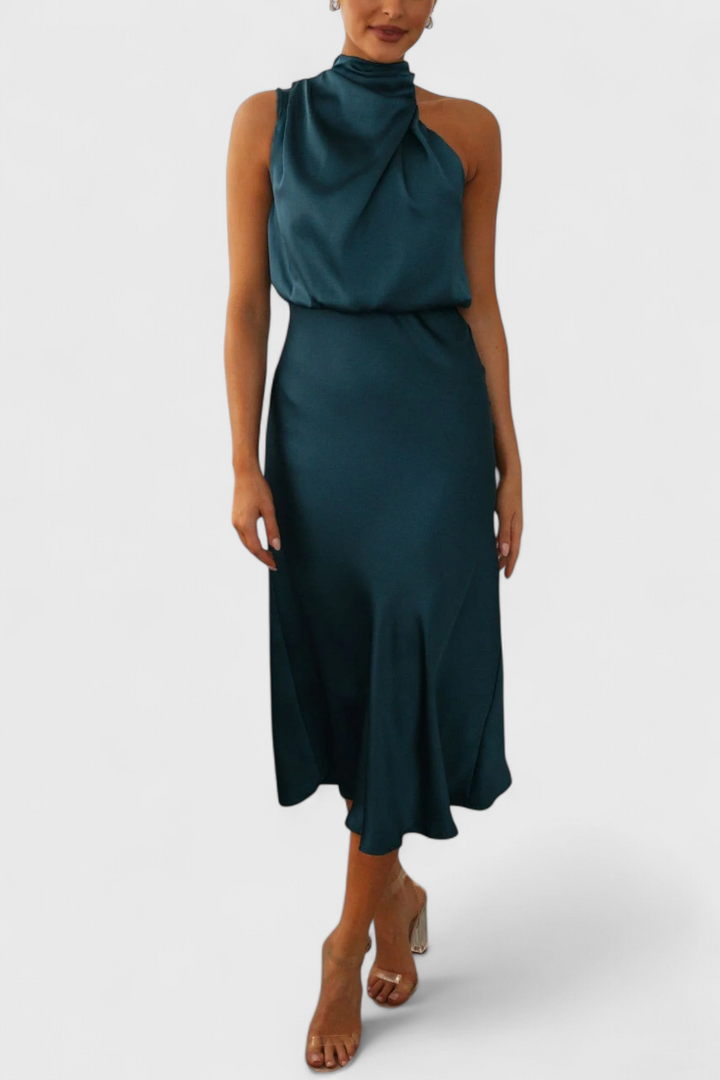 Rina Elegantní Šaty s Halter Výstřihem a Drapérií