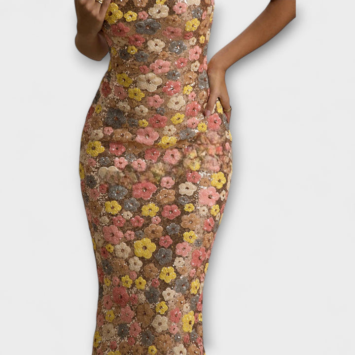 Oakley - Maxi šaty s květinami a flitry ve stylu osmdesátých let