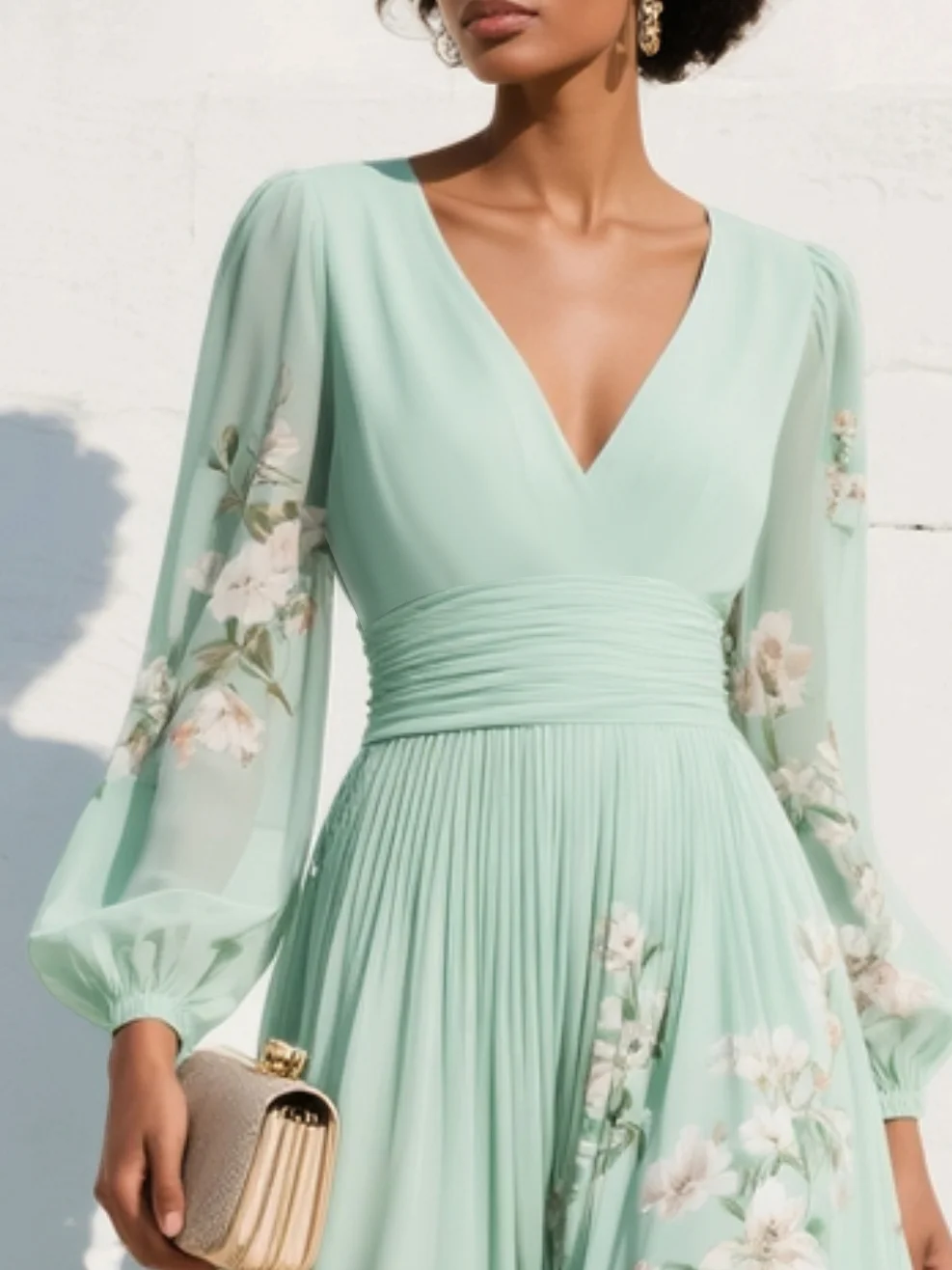 Anastasia™ | Midi šaty z chiffon s V výstřihem a světle zeleným květinovým potiskem