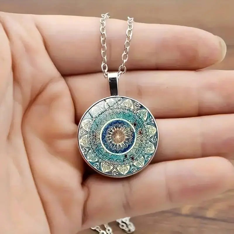 Vintage zaoblený modrý mandala náhrdelník