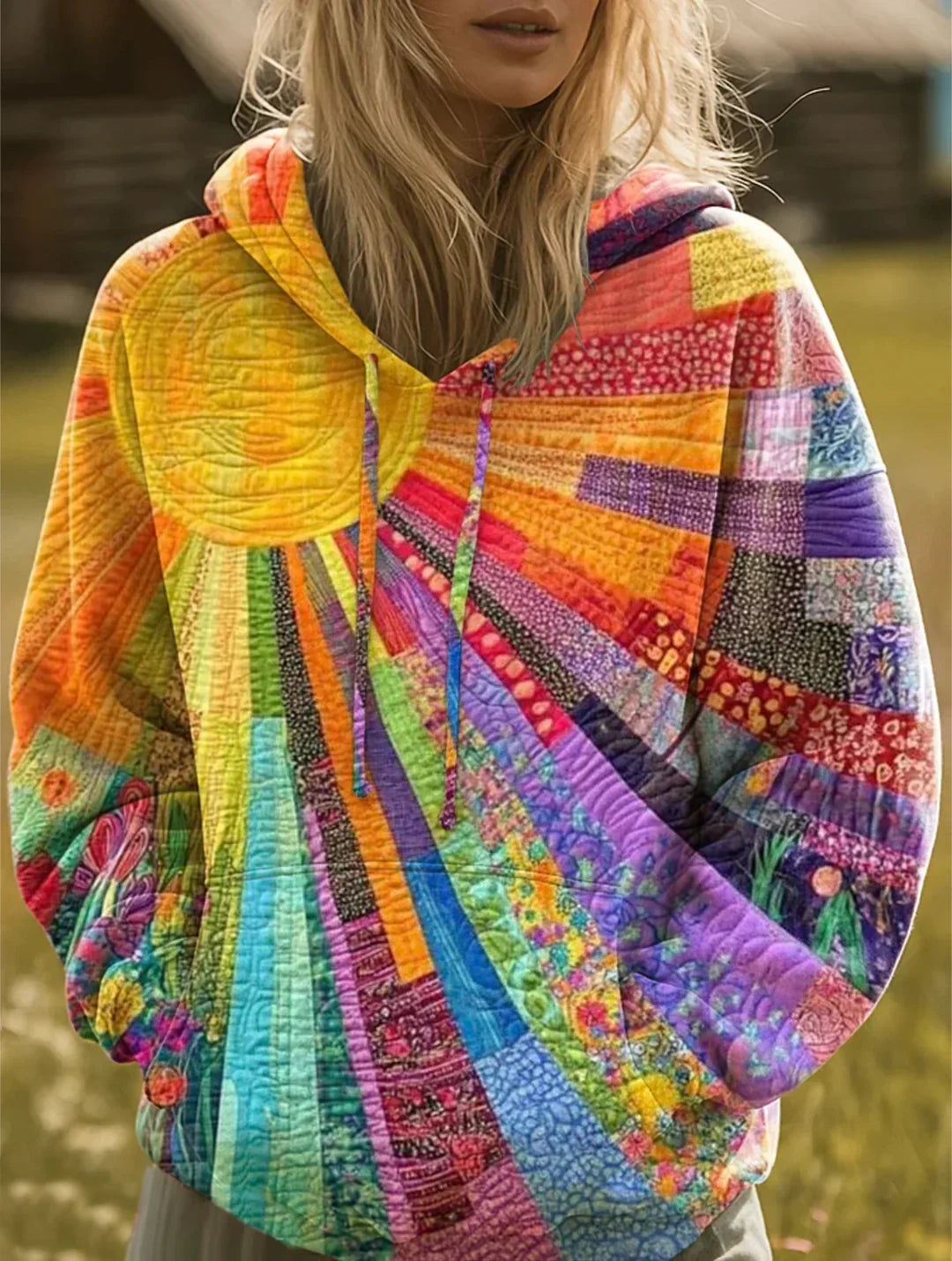 Viktorie | Dámská boho mikina s kapucí a patchworkovým vzorem