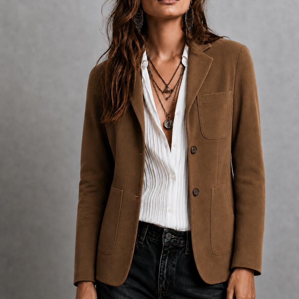 Dámská Suede Bunda s Kapsami na Patches | Klopový Límec